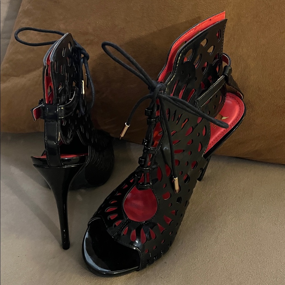 Shiekh Black and Red Lace-Up Heels 5 inch Stiletto with a unique cutout design. - Picture 6 of 8